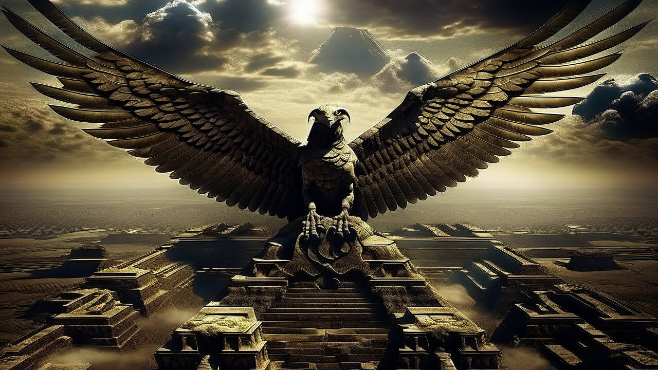 Majestic Eagle Statue Over Ancient Pyramid
