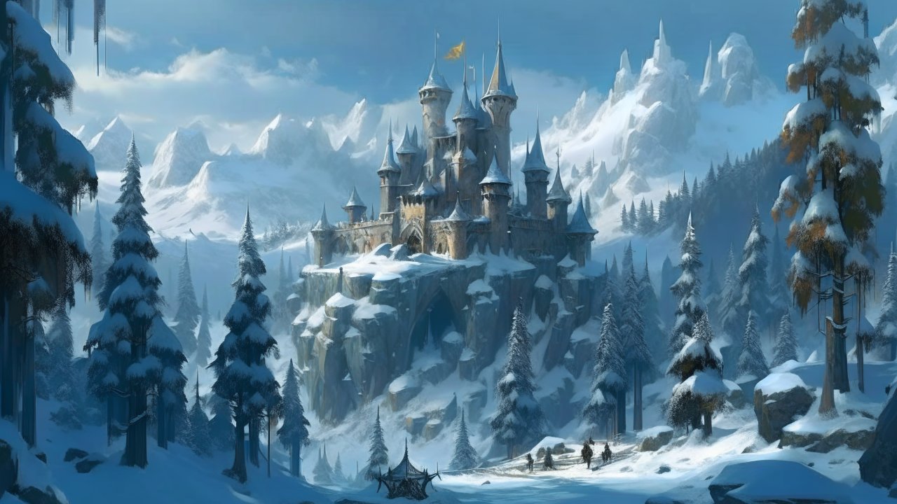 Majestic Elven Fortress in Snowy Mountain Landscape