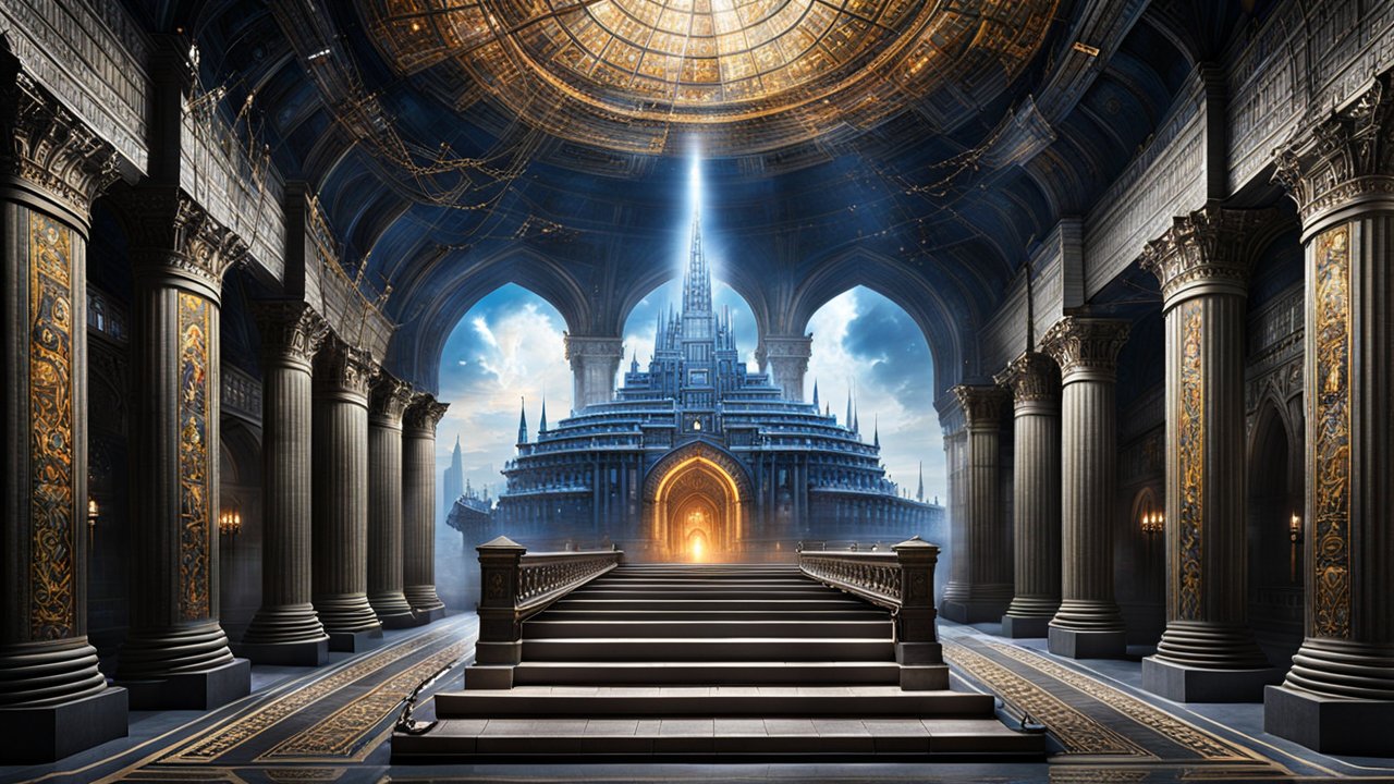Majestic Fantasy Castle Interior with Illuminated Spire