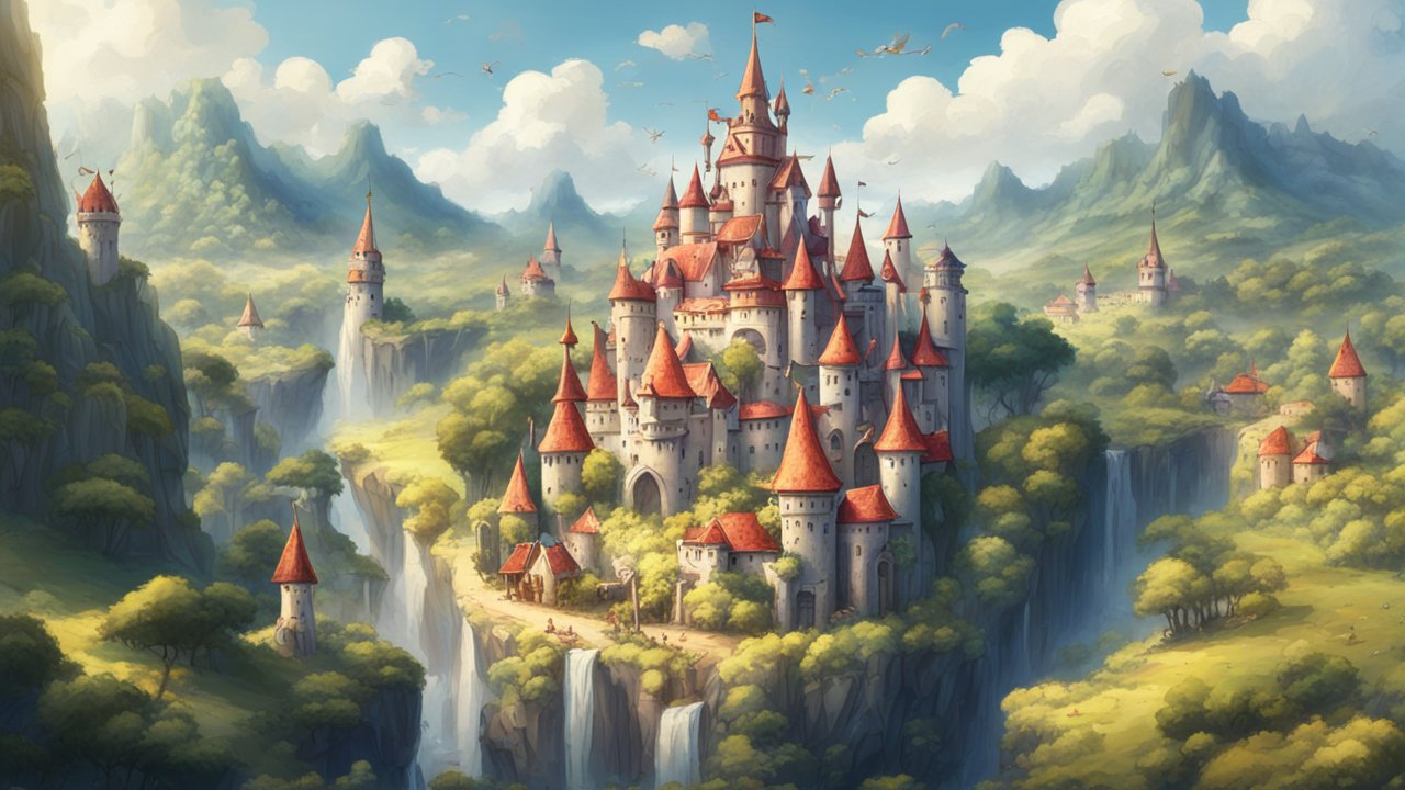 Majestic Fantasy Kingdom on a Cliff with Waterfalls