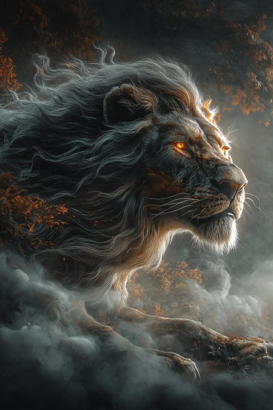 Majestic Glowing Lion in Mystical Forest
