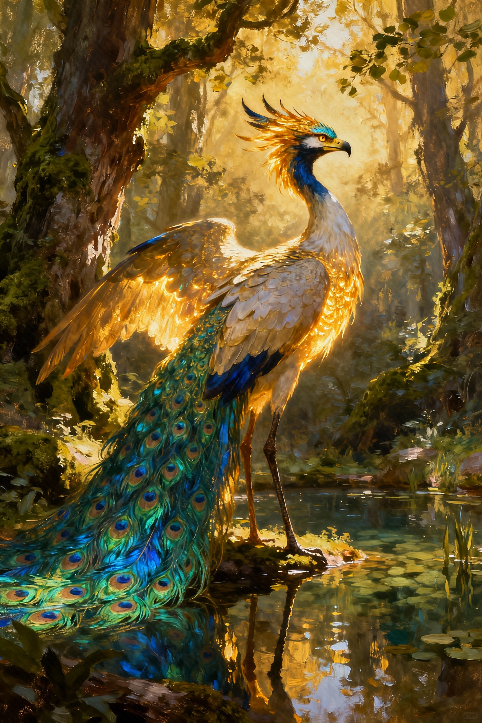 Majestic Golden Peacock in Enchanted Forest