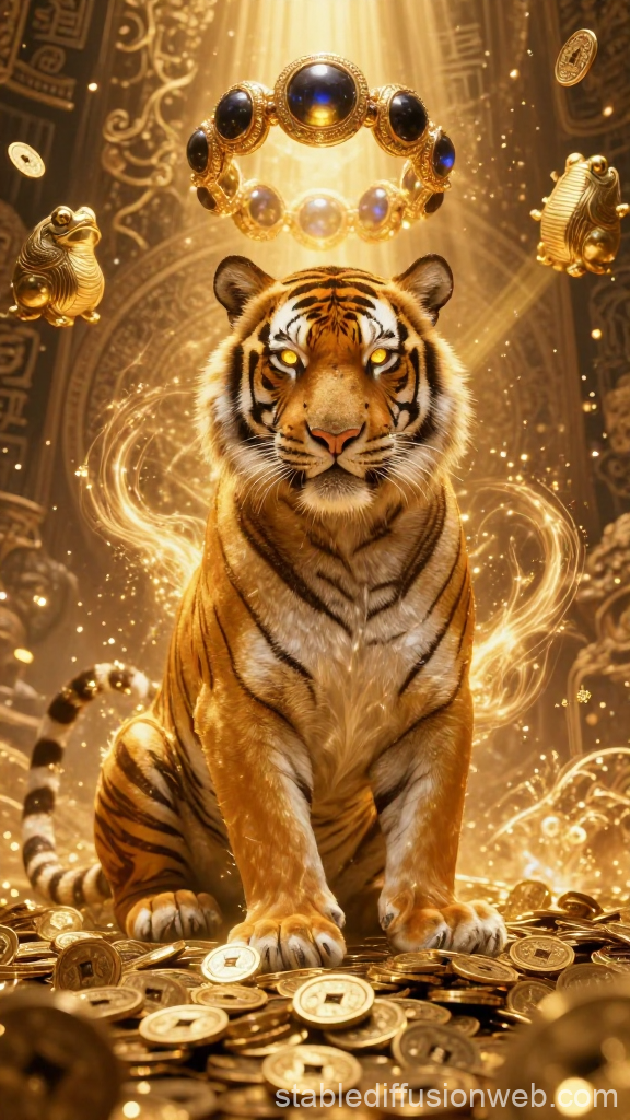 Majestic Golden Tiger with Glowing Eyes and Floating Jewels