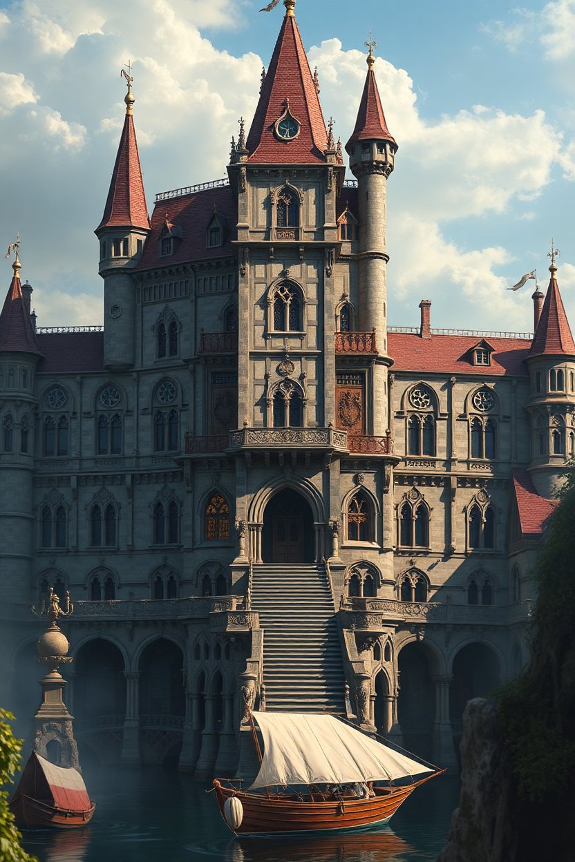 Majestic Gothic Castle by the Water with Sailing Boats