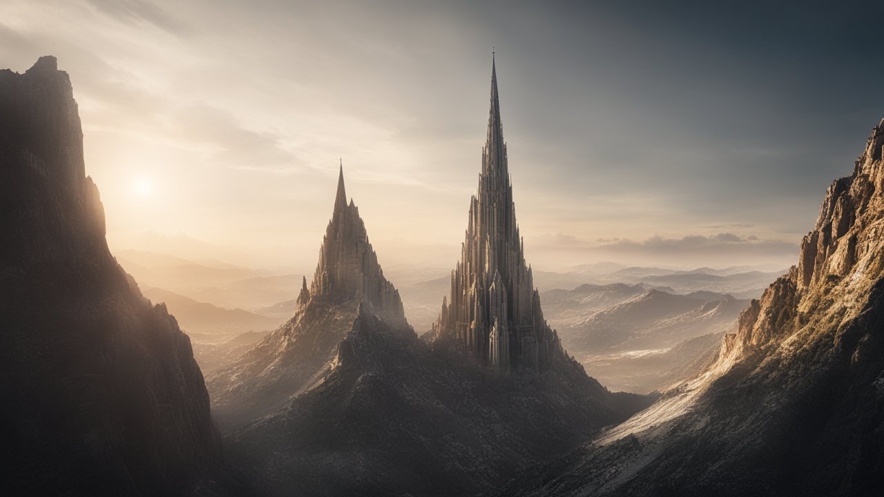 Majestic Gothic Spires Rising from Mountainous Landscape at Sunrise