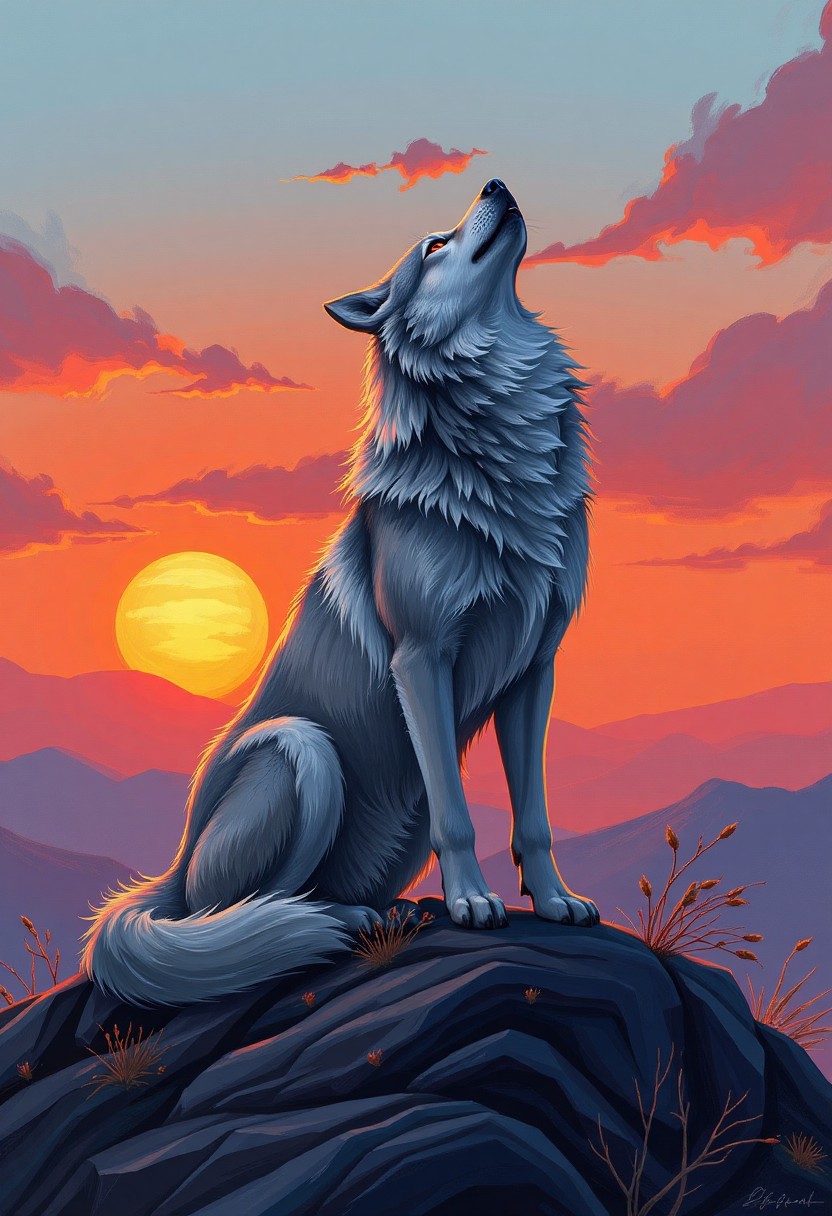 Majestic Grey Wolf Howling at Sunset