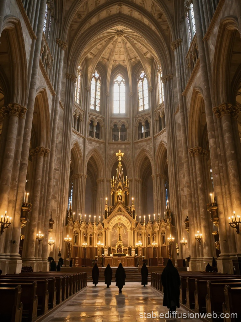 Majestic Interior of a Gothic Cathedral with Worshippers