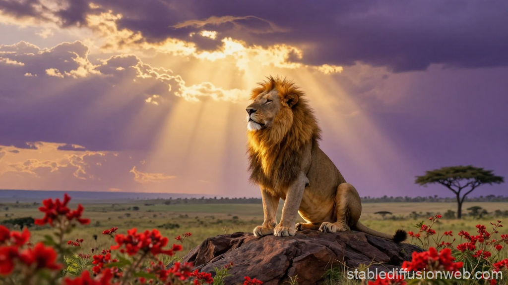 Majestic Lion Bathed in Golden Sunlight on African Savanna