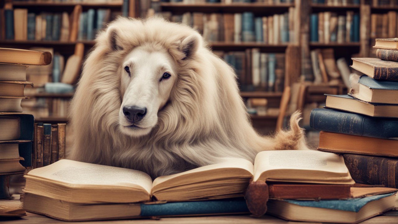 Majestic Lion with Dog Features Reading Books in a Library