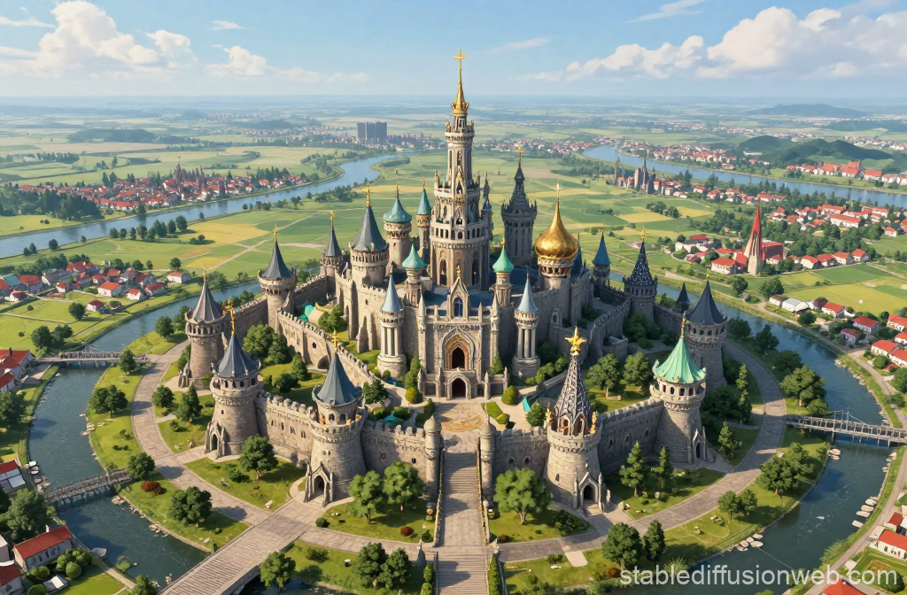 Majestic Medieval Castle Surrounded by River and Village