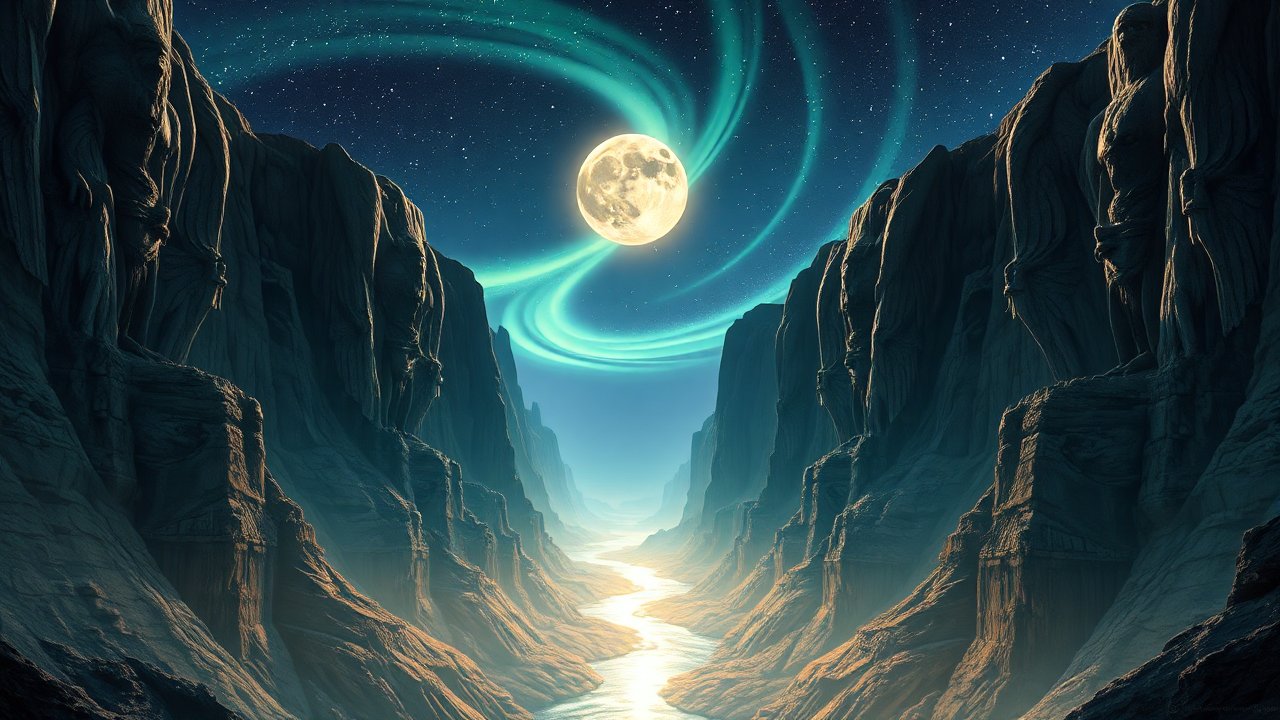 Majestic Moonlit Canyon with Northern Lights