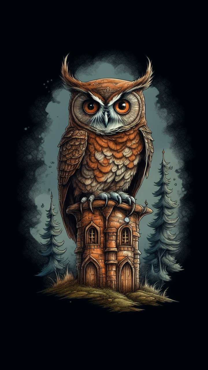 Majestic Owl Perched on Tower in Mystical Forest