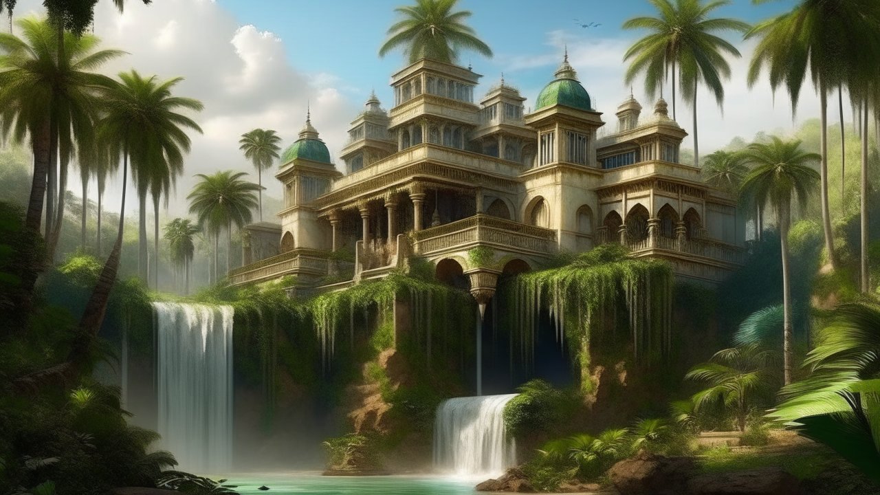 Majestic Palace Overlooking Waterfalls in Lush Jungle