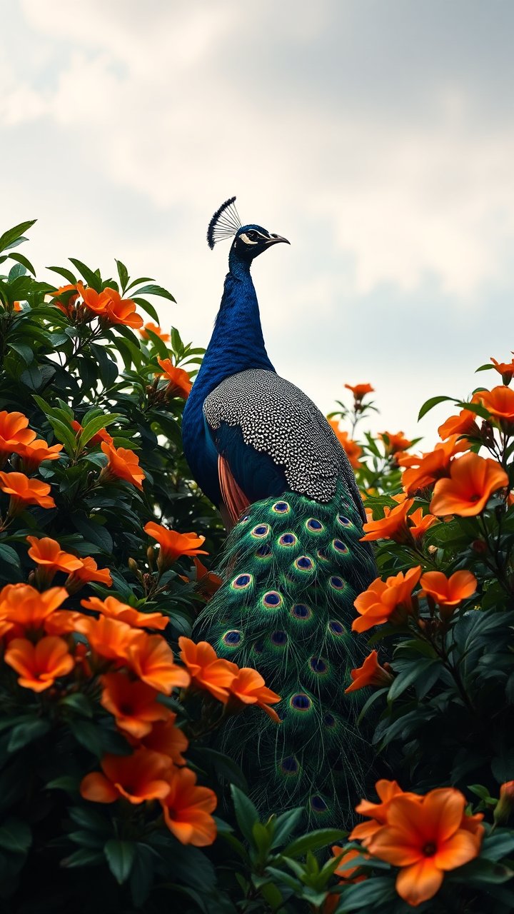 Majestic Peacock Among Vibrant Orange Flowers