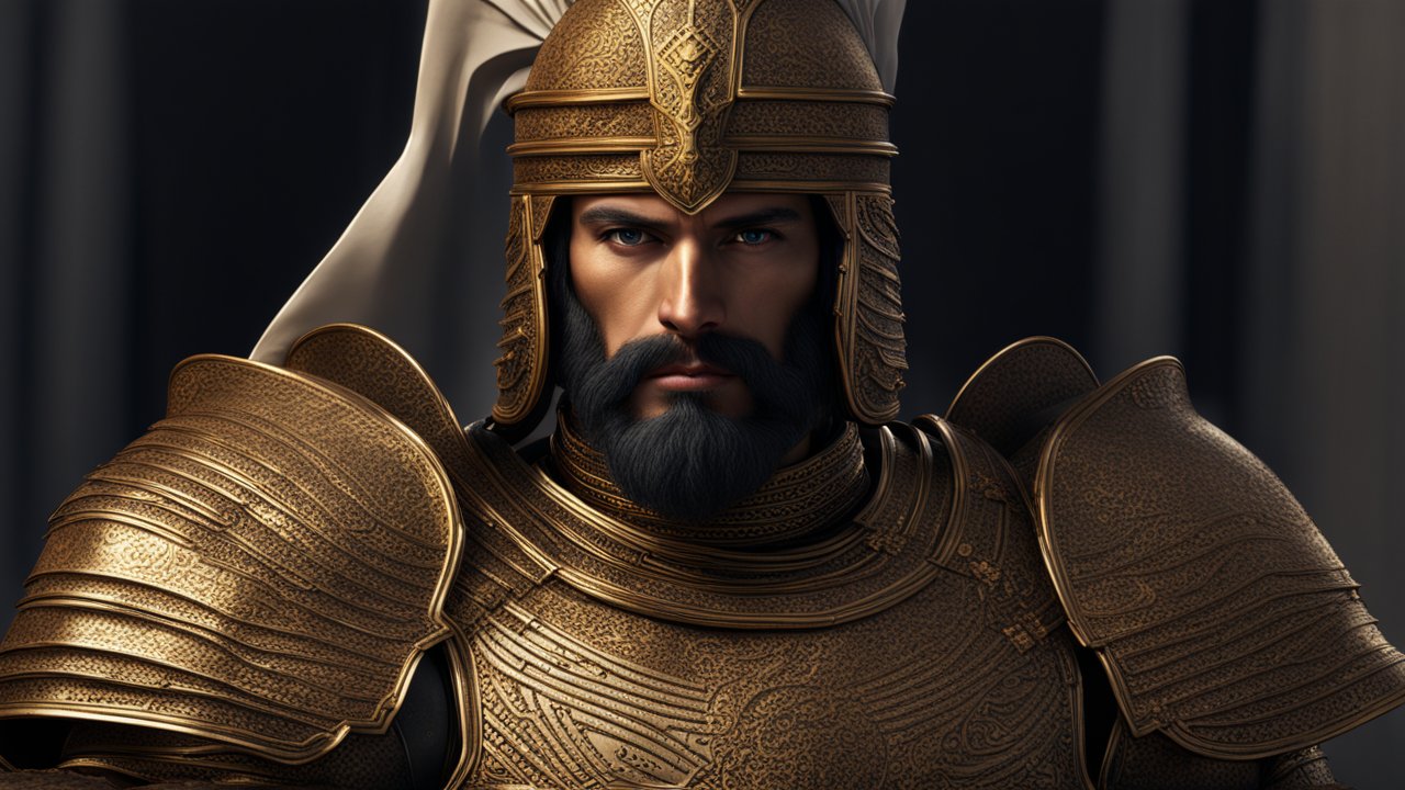Majestic Persian Warrior in Ornate Golden Armor