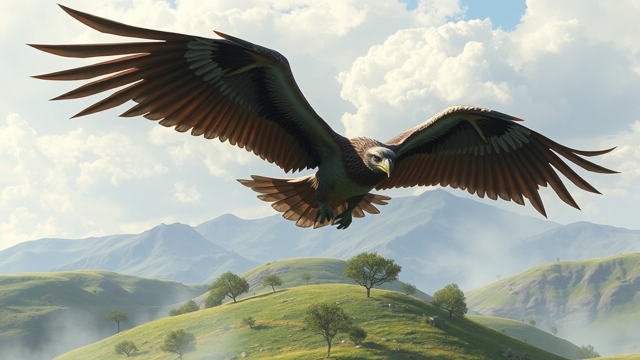 Majestic Predator Bird Soaring Over Rolling Hills