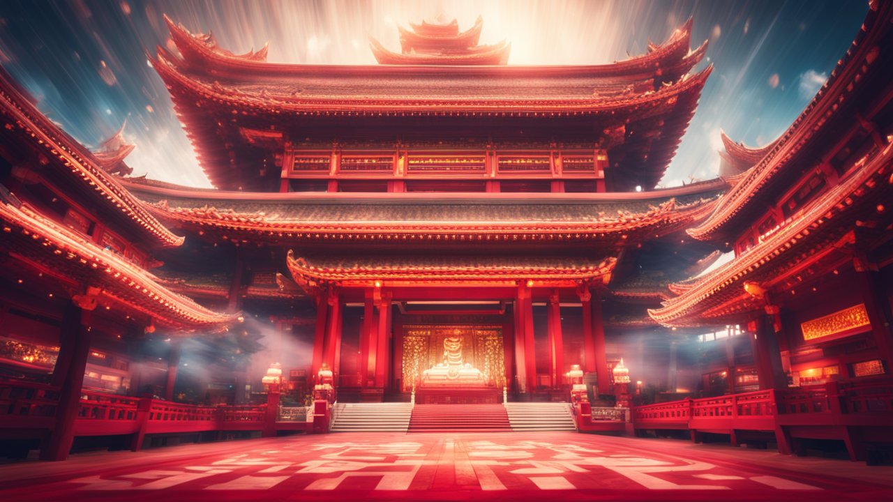 Majestic Red Buddhist Temple Interior with Glowing Light