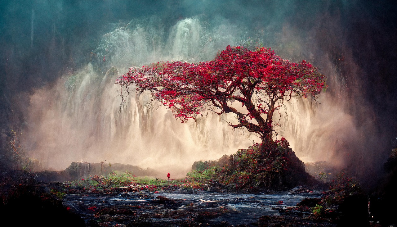 Majestic Red Tree by a Waterfall in Mystical Landscape