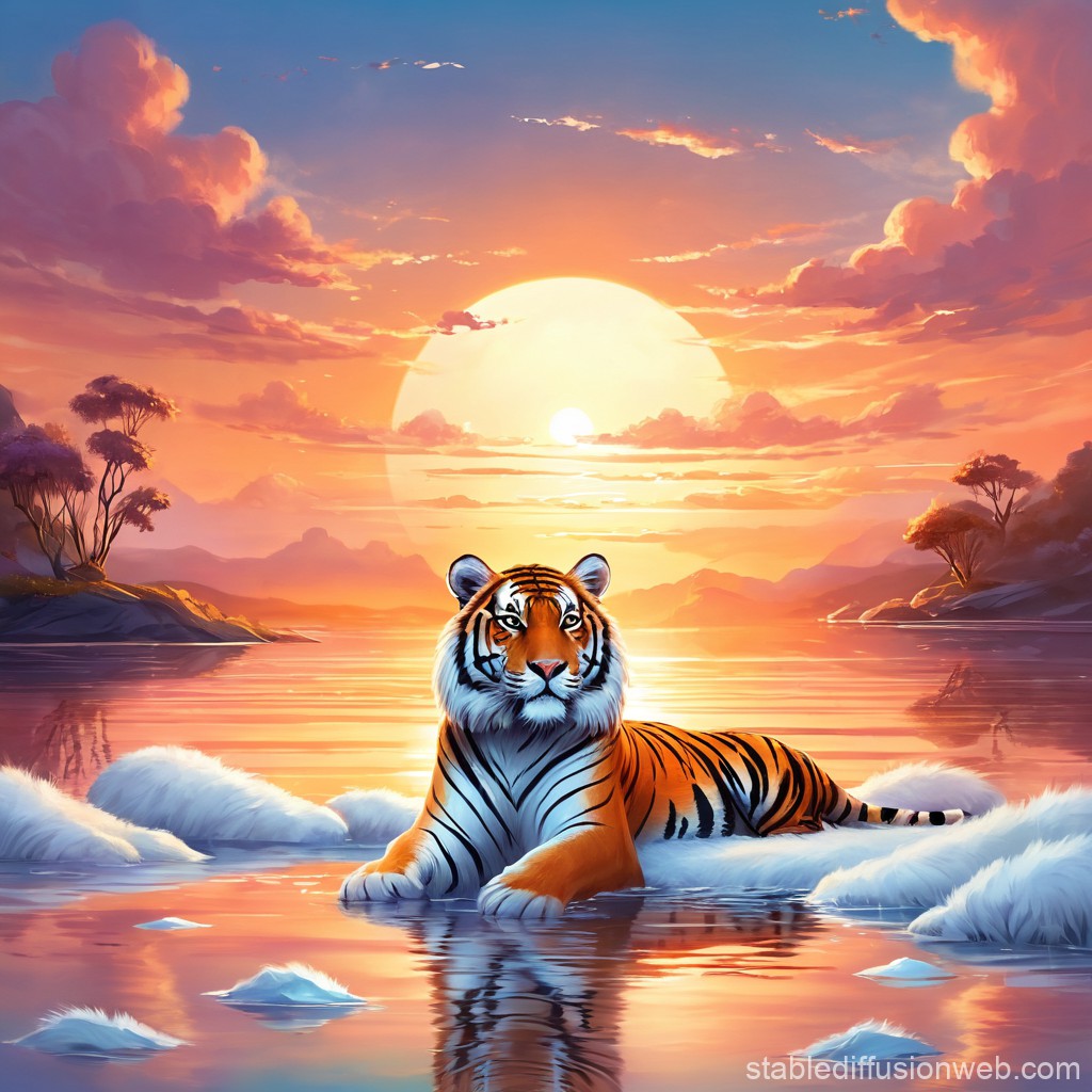 Majestic Tiger Resting at Sunset on Water