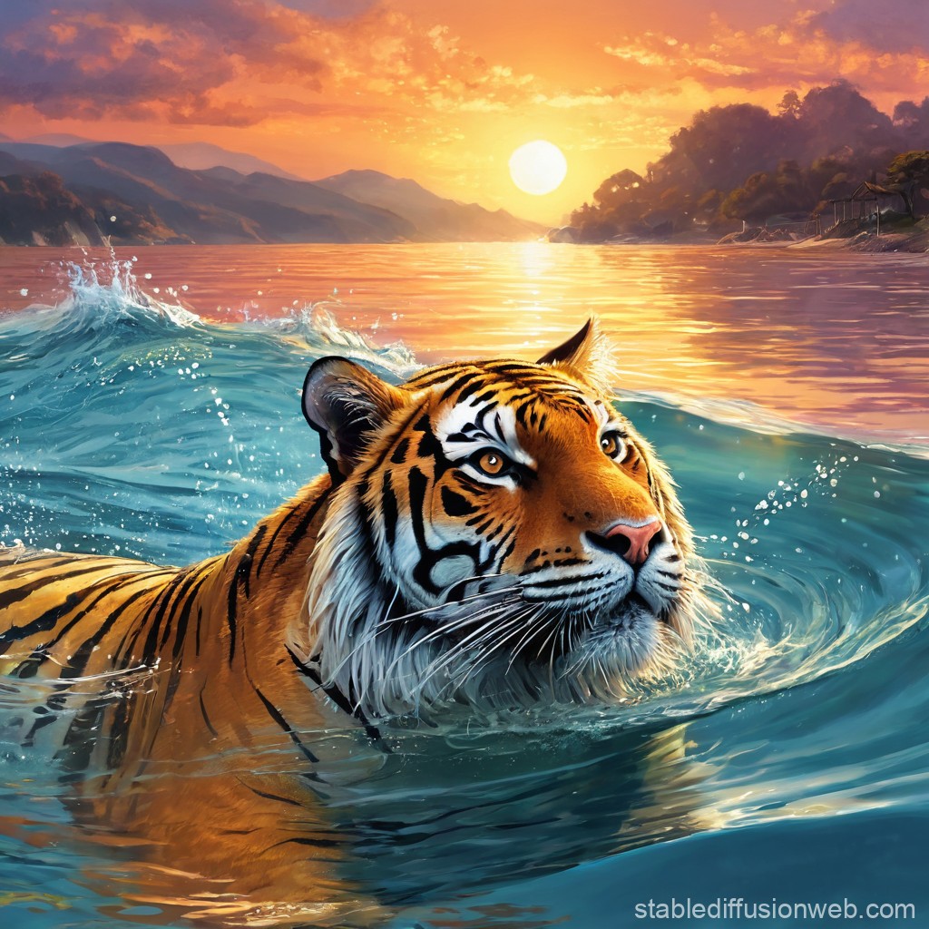 Majestic Tiger Swimming at Sunset