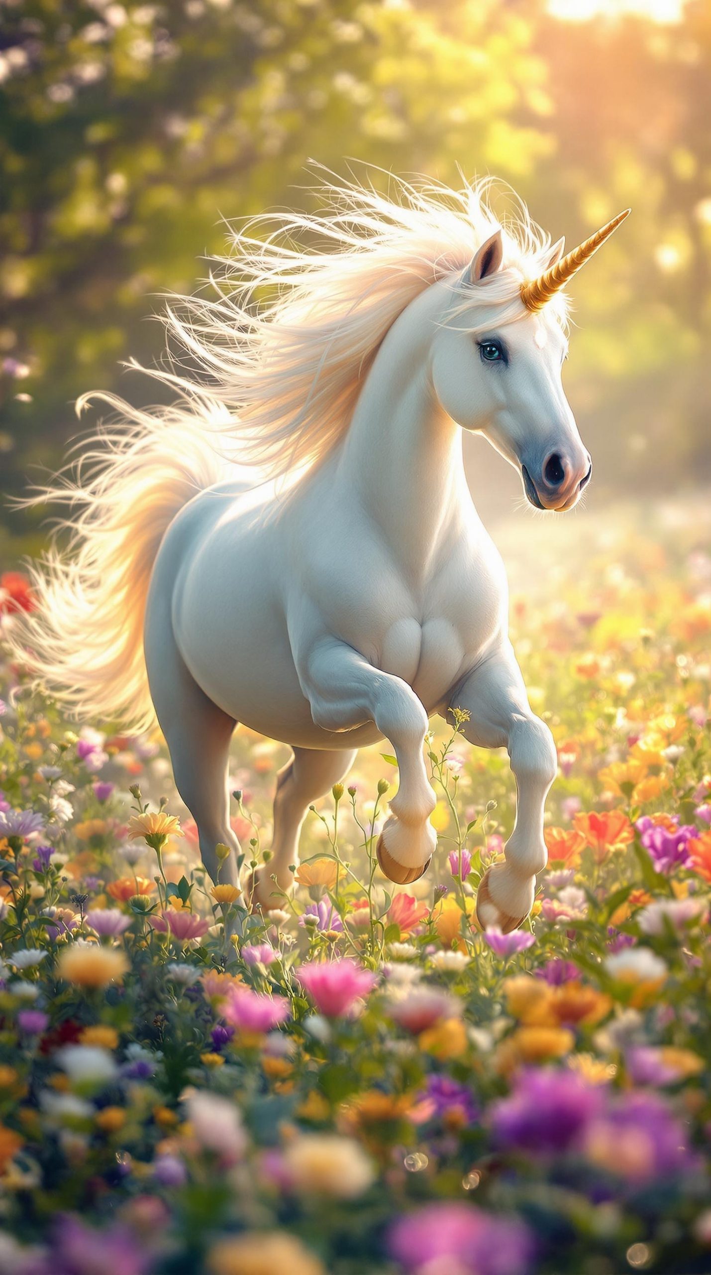 Majestic Unicorn Prancing Through a Vibrant Flower Field