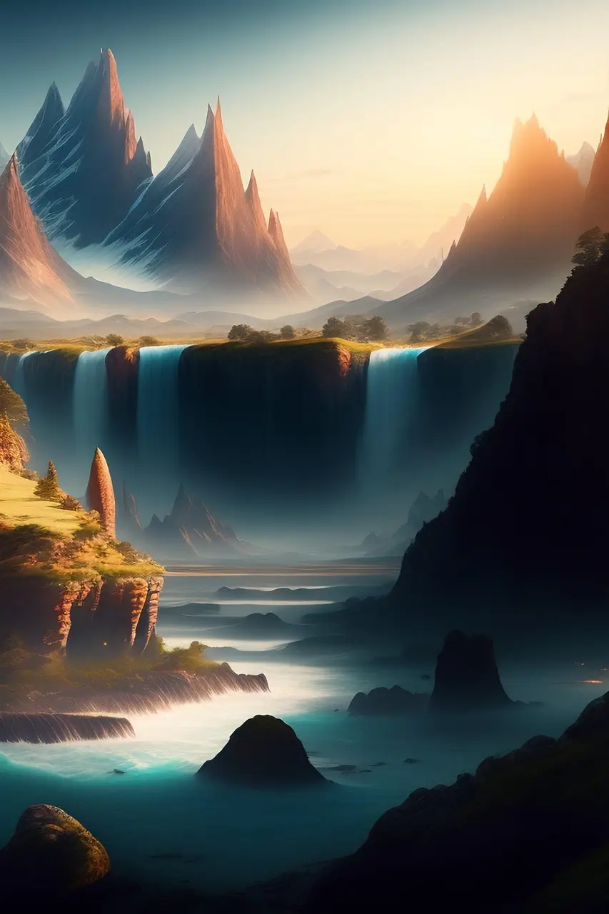 Majestic Waterfalls in a Mystical Mountain Landscape