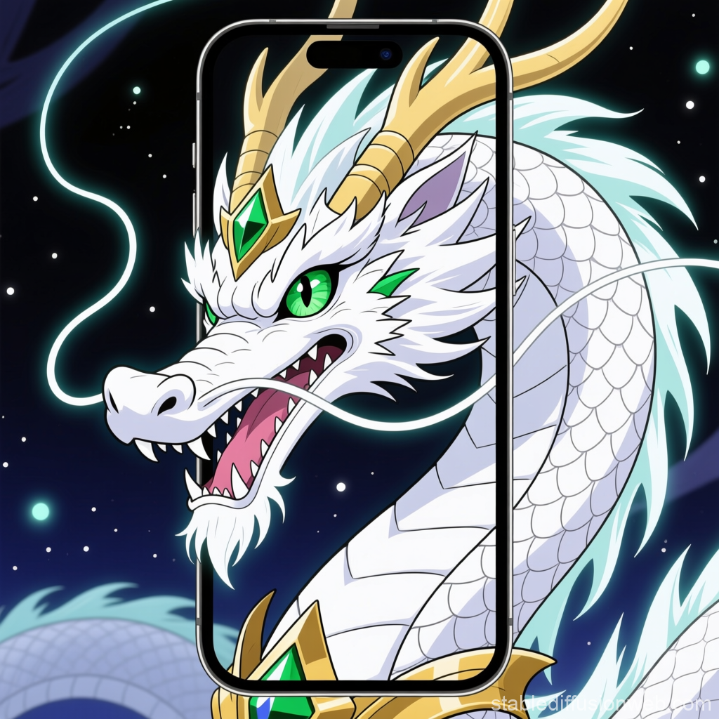 Majestic White Dragon Emerging from Smartphone Screen