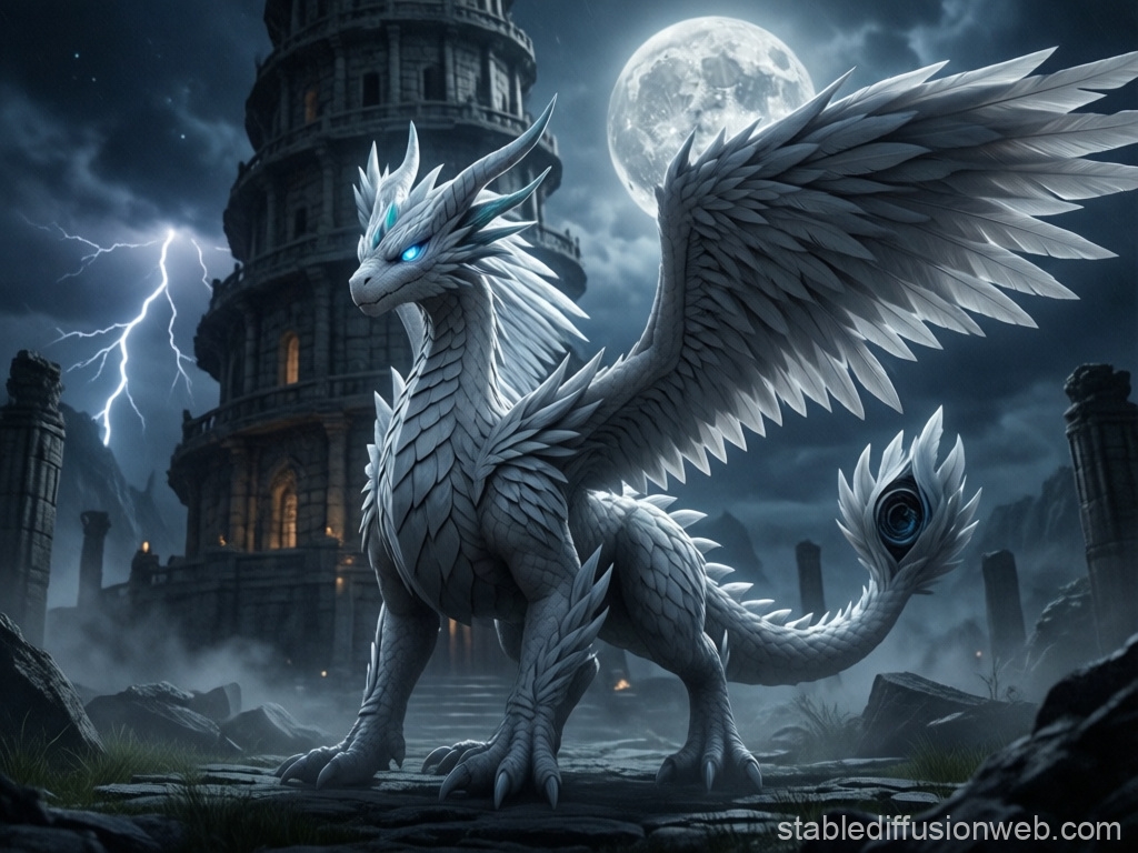 Majestic White Dragon in Stormy Ruins Under Full Moon