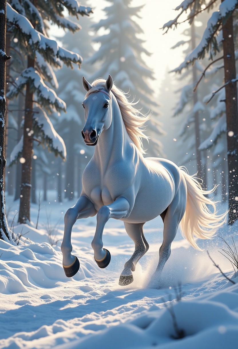 Majestic White Horse Galloping Through Snowy Forest