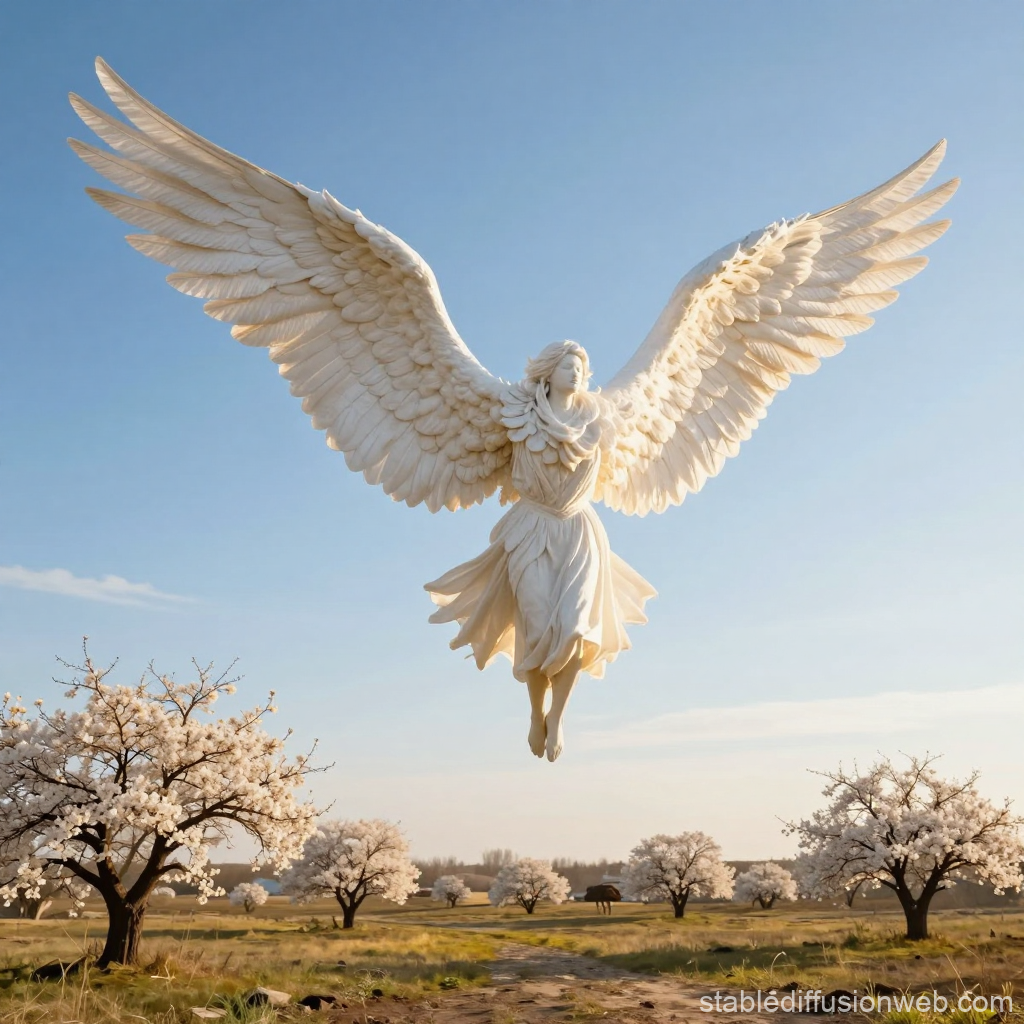 Majestic White Winged Angel Soaring Over Blossoming Orchard