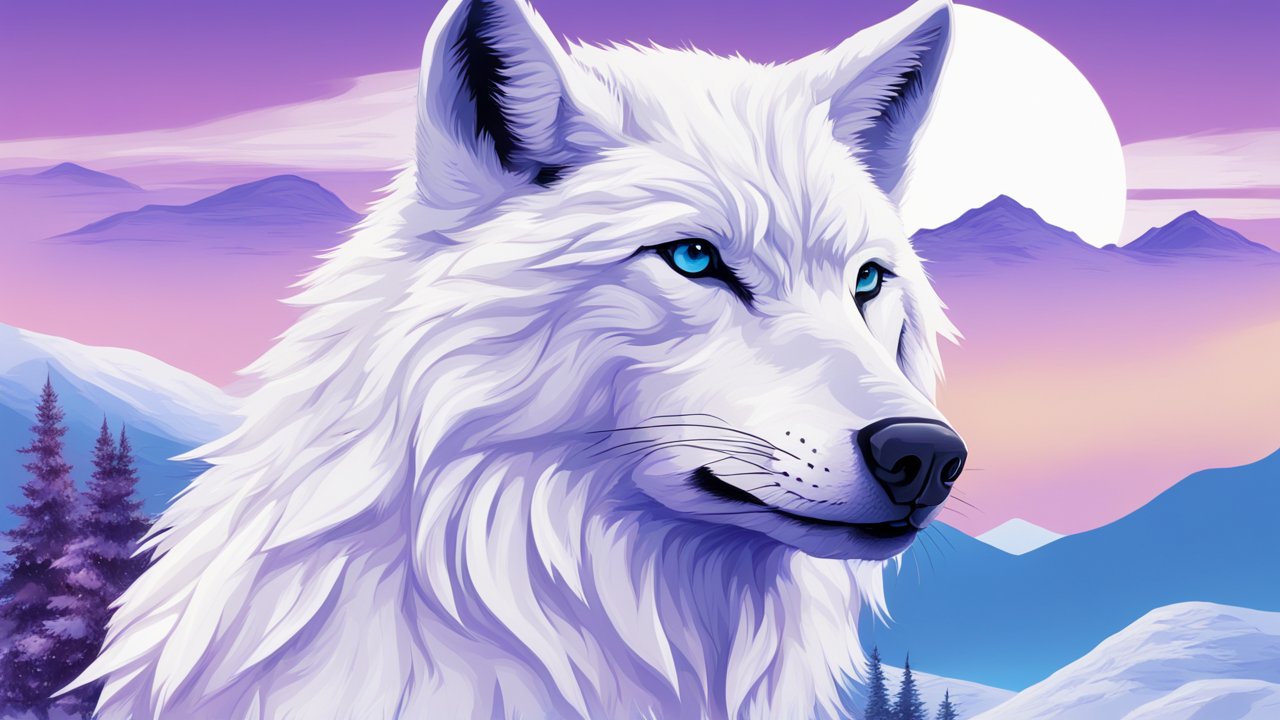 Majestic White Wolf with Blue Eyes at Sunset