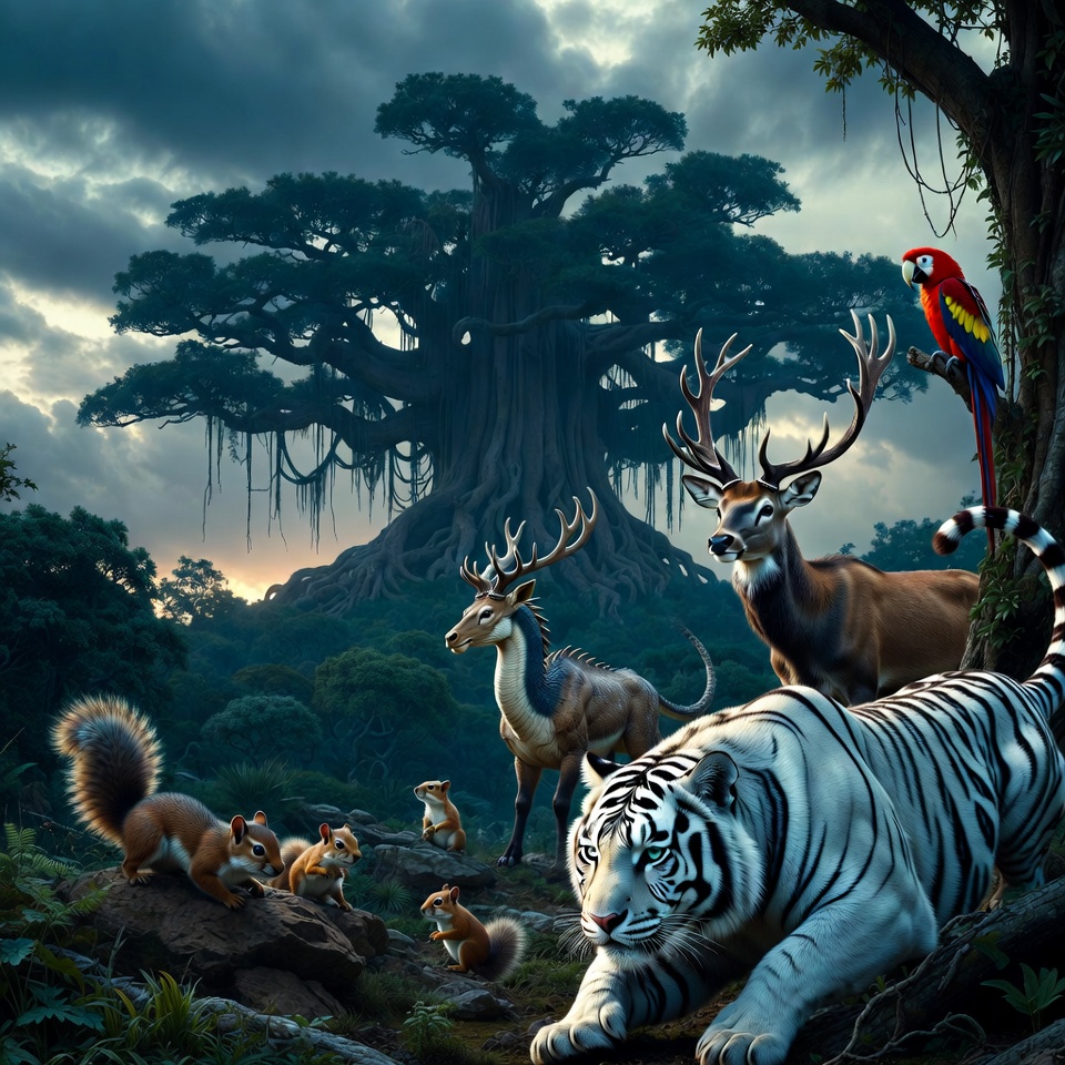 Majestic Wildlife Gathering by an Ancient Tree at Dusk