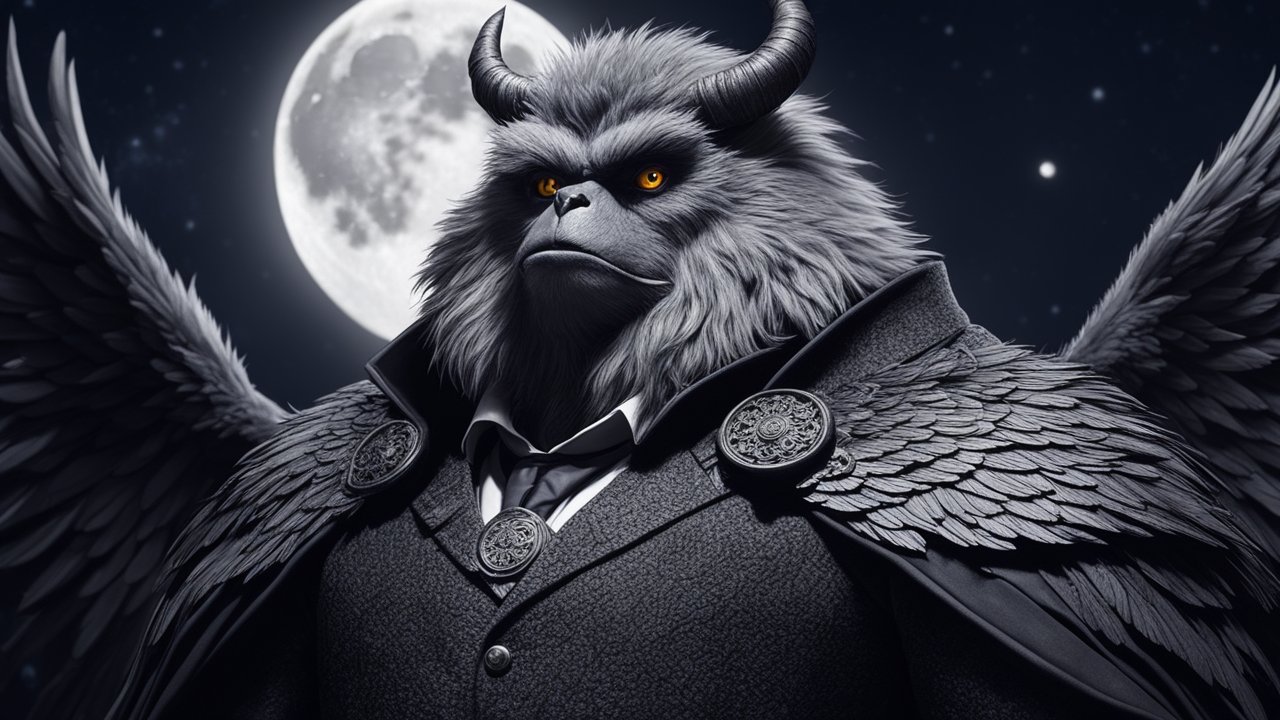 Majestic Winged Beast in Formal Attire Under Full Moon