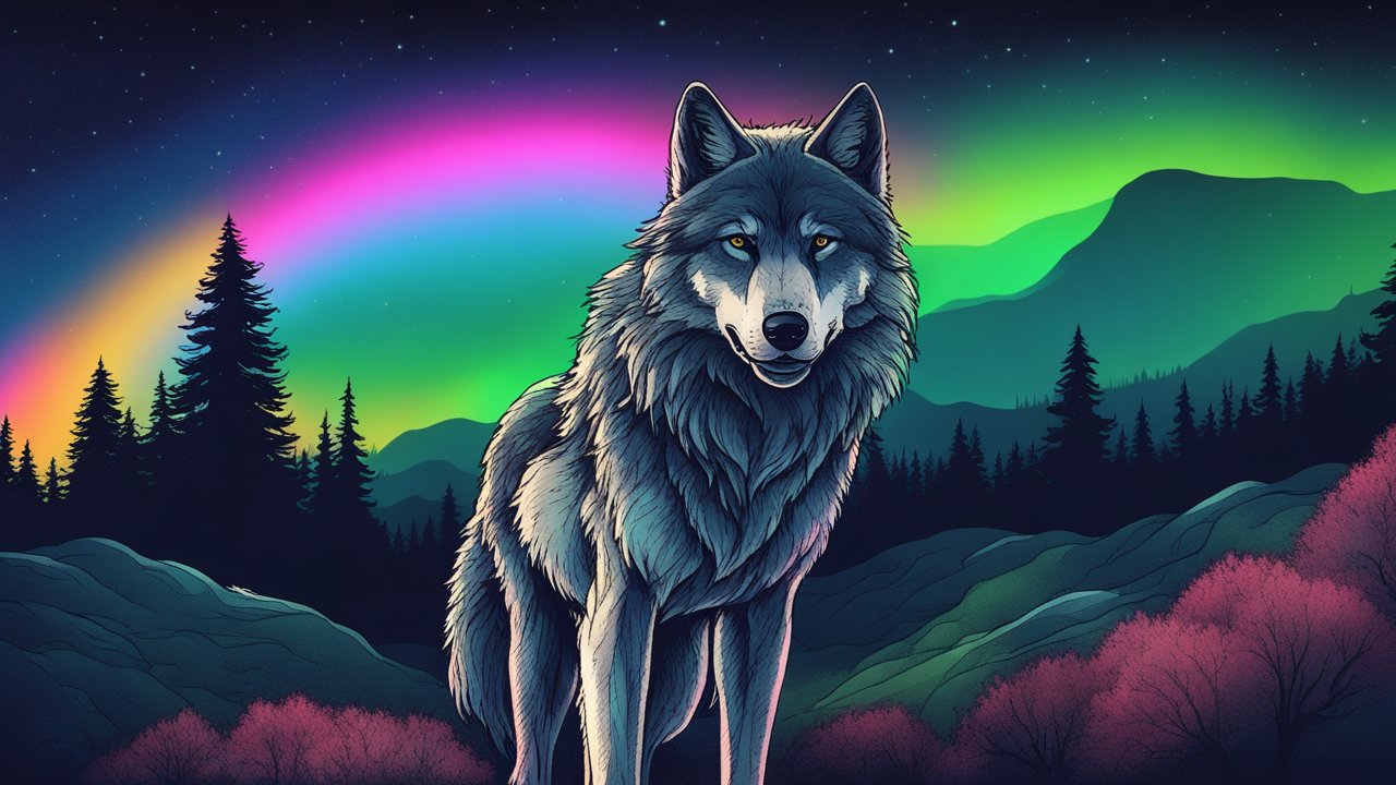 Majestic Wolf Under Vibrant Northern Lights