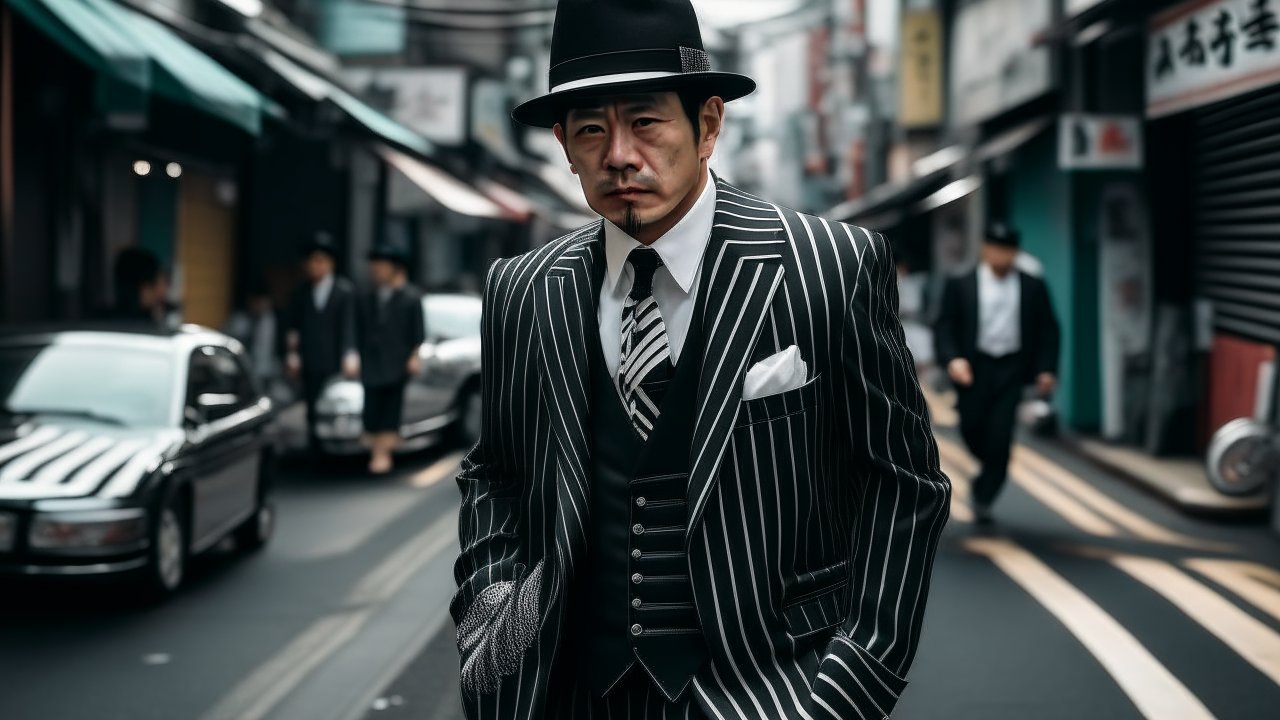 Male Gangster in Pinstripe Suit on Urban Street