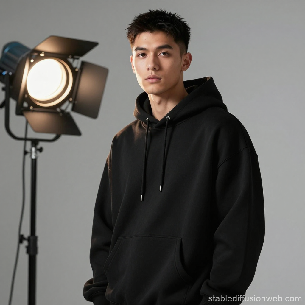 Male Model Wearing Black Hoodie in Studio Lighting