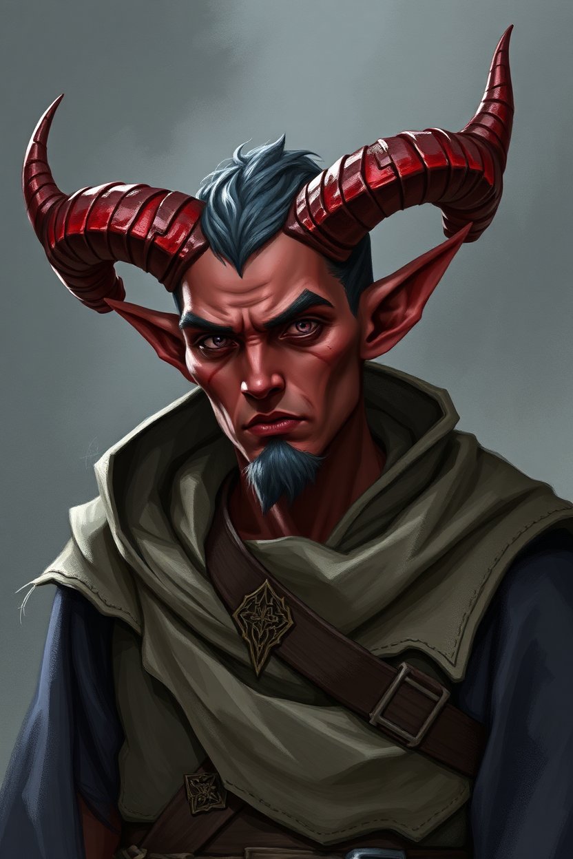 Male Tiefling Portrait with Red Horns and Hooded Cloak