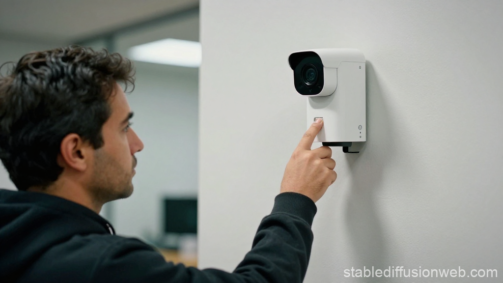 Man Adjusting Modern Security Camera on Wall