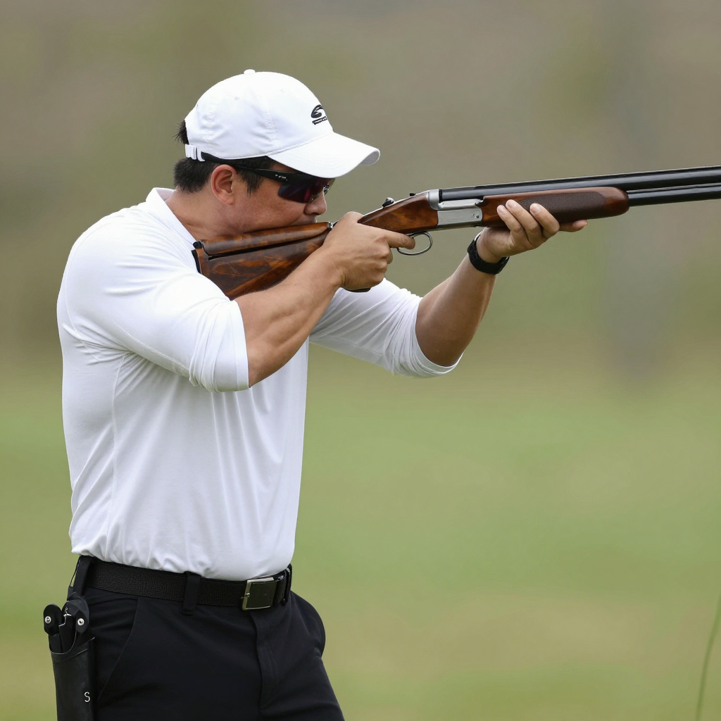 Man Aiming Shotgun Outdoors in White Shirt and Cap