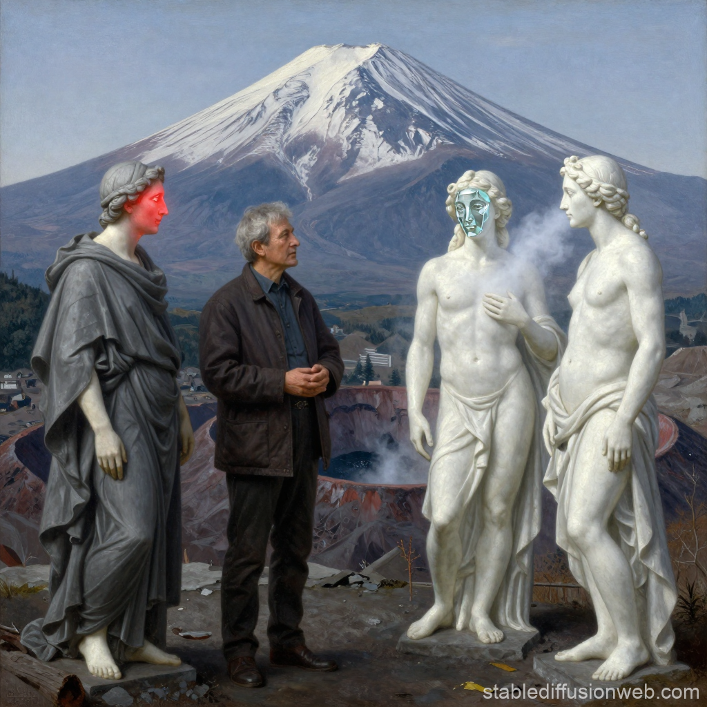 Man Among Classical Statues with Mount Fuji in Background