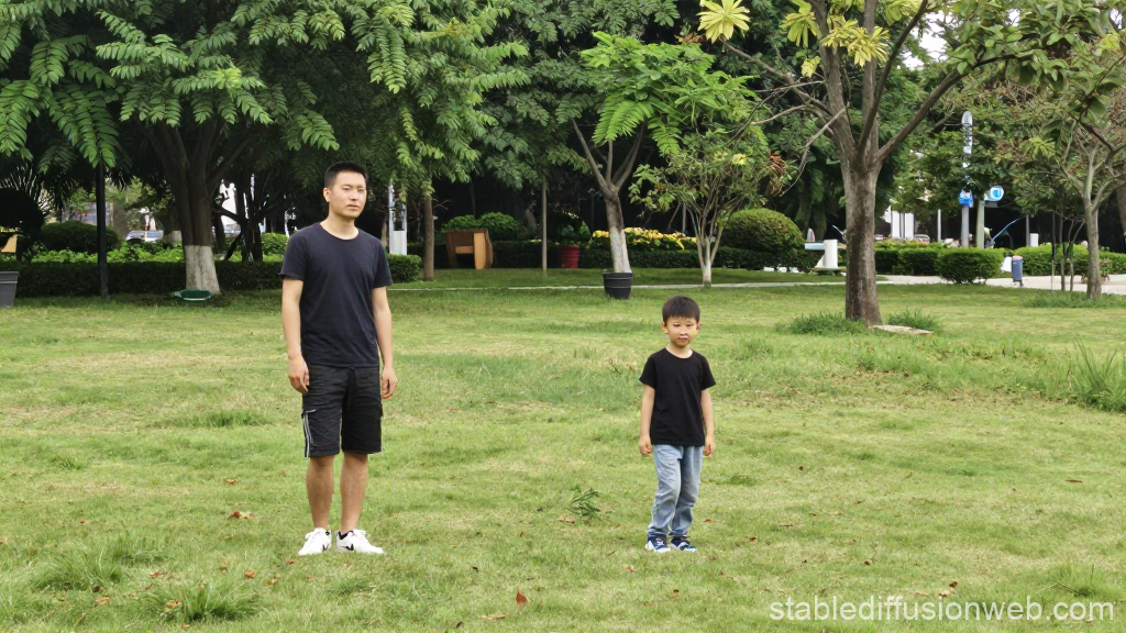 Man and Child Standing in a Green Park