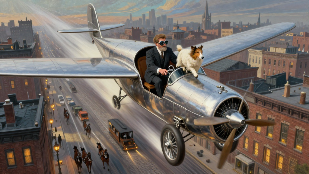 Man and Dog Flying Vintage Airplane Over Cityscape