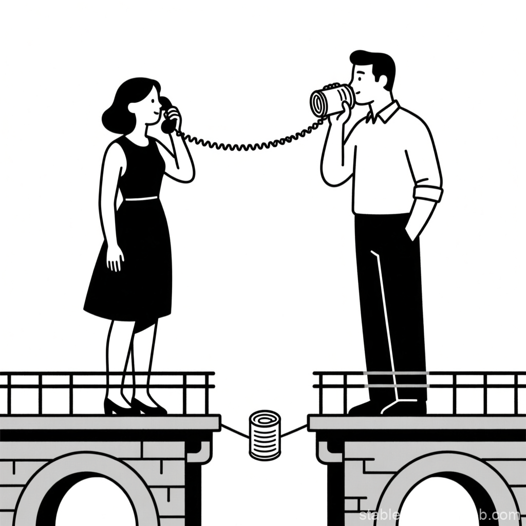 Man and Woman Communicating with Tin Can Telephone Across Bridge