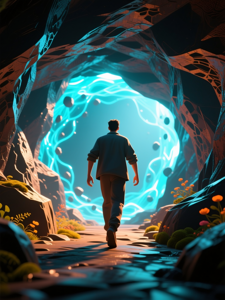 Man Approaching a Glowing Portal in a Cave