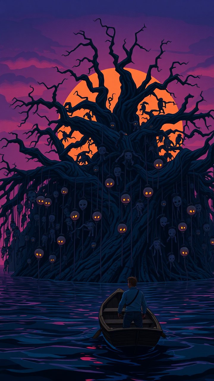 Man Approaching a Haunted Tree with Glowing Faces at Dusk