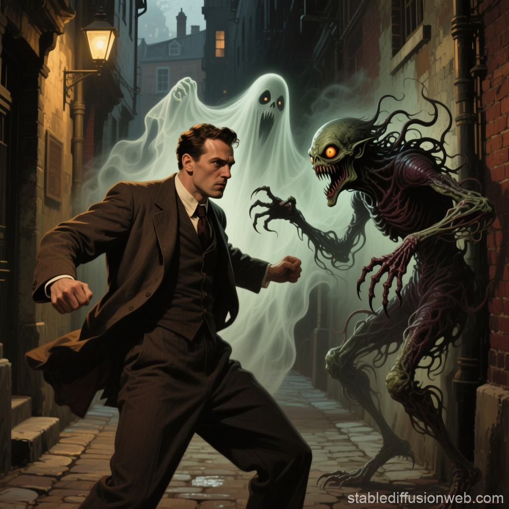 Man Confronting Eldritch Monster and Ghost in Dark Alley