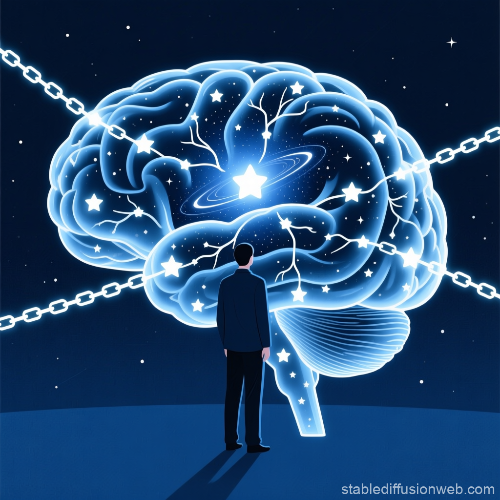 Man Contemplating a Starlit Brain Bound by Chains