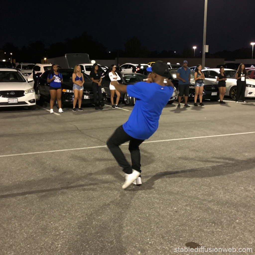 Man Dancing in Parking Lot at Night with Onlookers