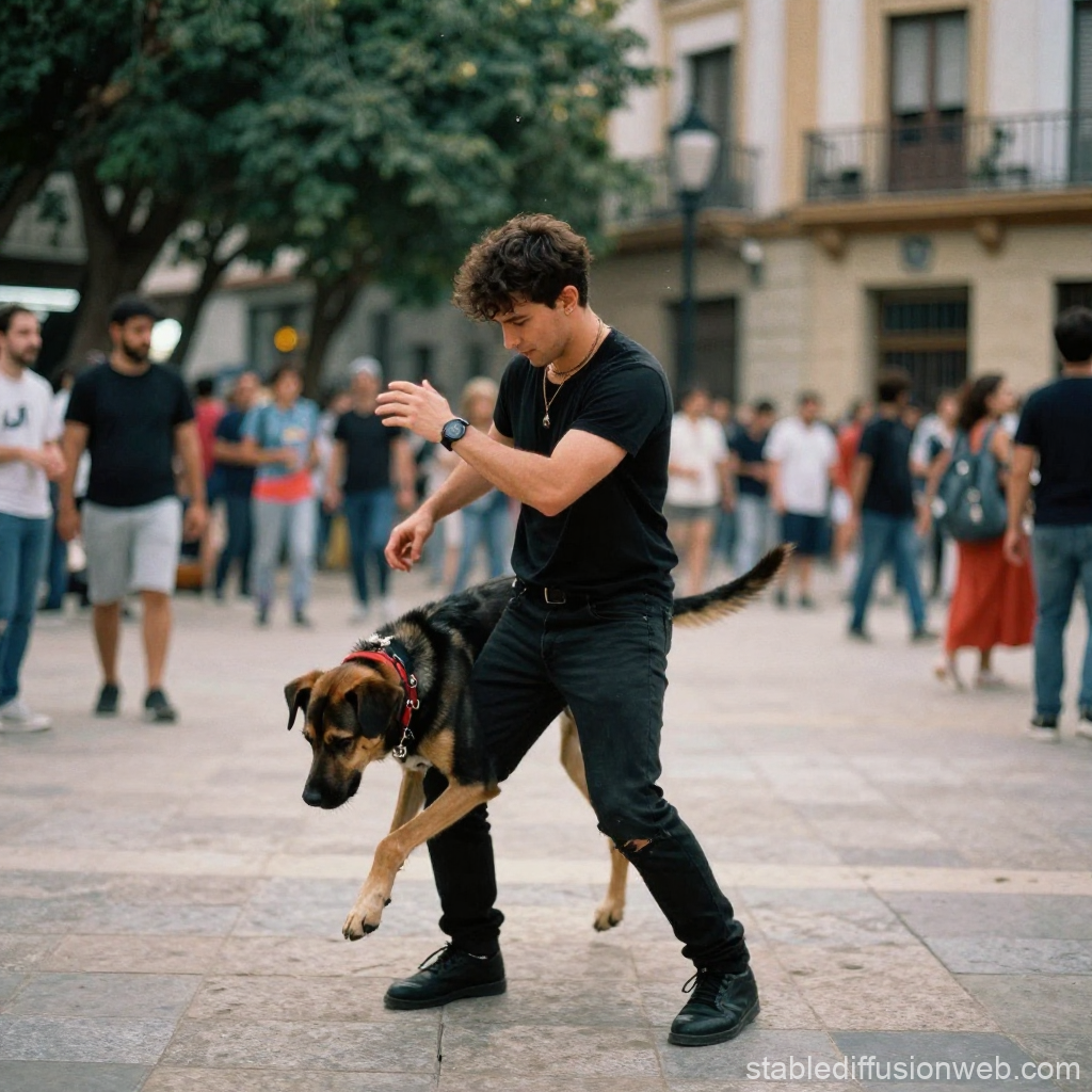 Man Dancing with Dog in Urban Plaza