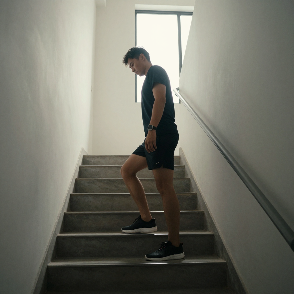 Man Descending Stairwell in Morning Light